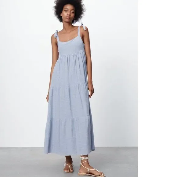 Zara | Dresses | Nwt Zarawomens Tiered Cotton Dress Light Blue Size Large |  Poshmark